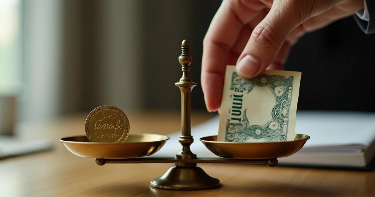 Pessoa ajustando uma balança, com pesos que representam ações e títulos