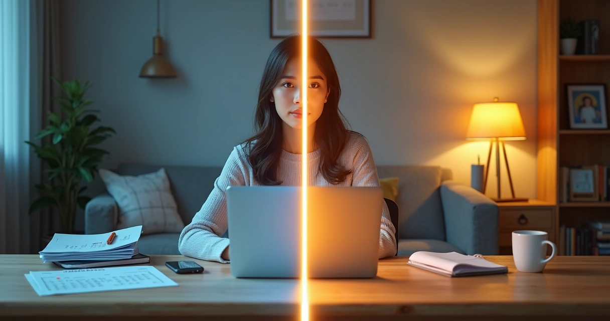 Persona sentada balanceando trabajo y vida personal con líneas que marcan límites claros 