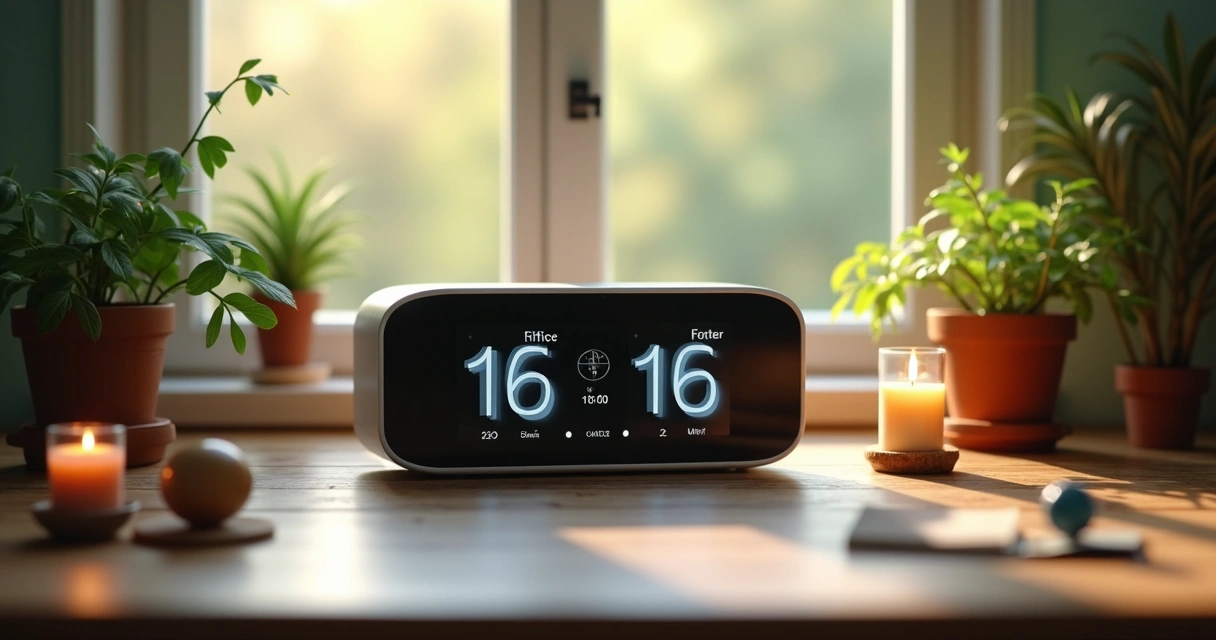 Relógio marcando 16:16 em ambiente tranquilo com elementos astrológicos 