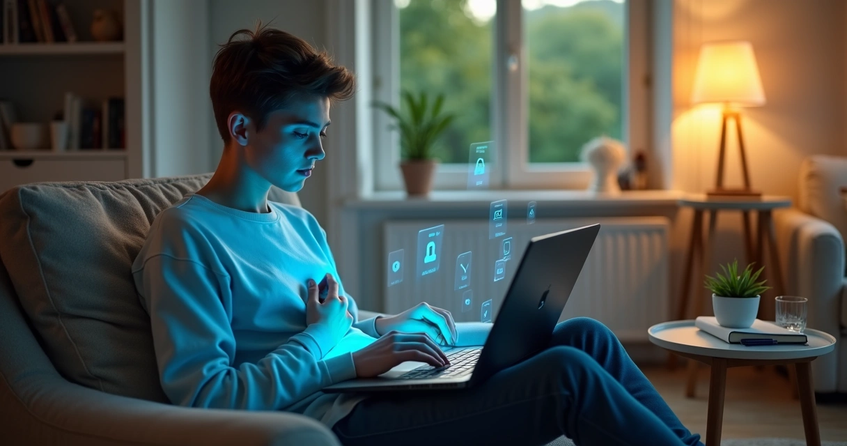 Pessoa usando notebook em ambiente calmo com contraste entre luz azul da tela e natureza ao redor 