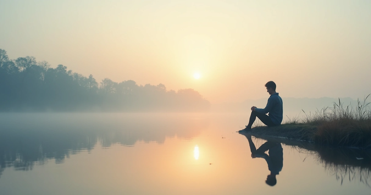 Colores suaves y figura humana contemplando su propio reflejo en agua tranquila 