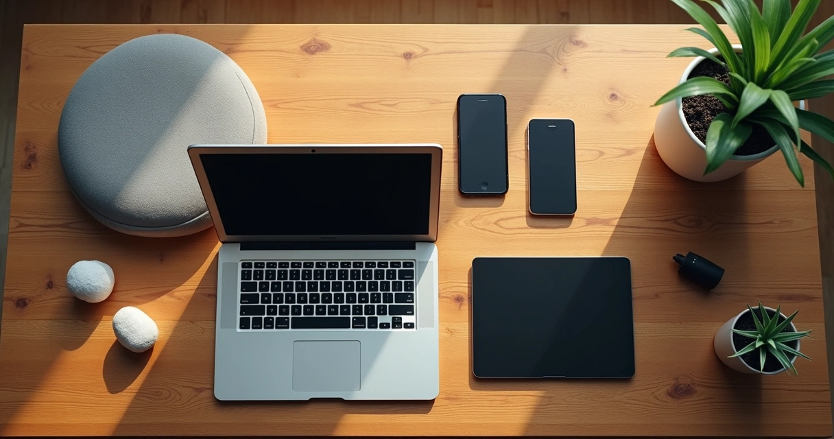 Mesa con dispositivos cuidadosamente ordenados y espacio para meditar 