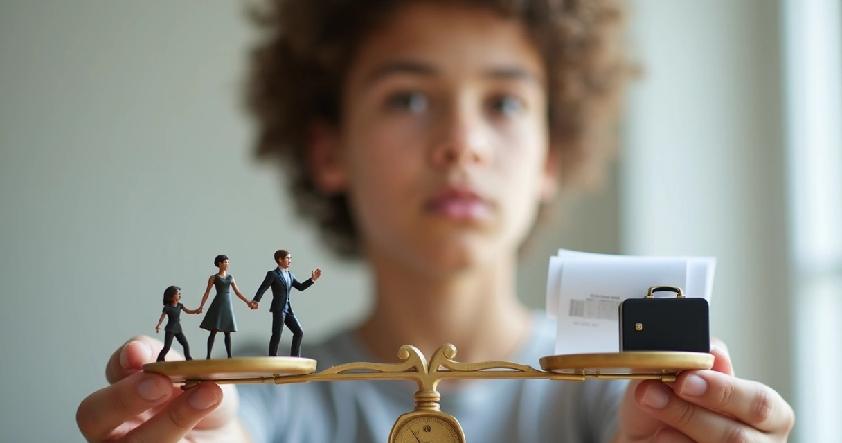 Persona pensando mientras sostiene una balanza con símbolos de familia y trabajo 