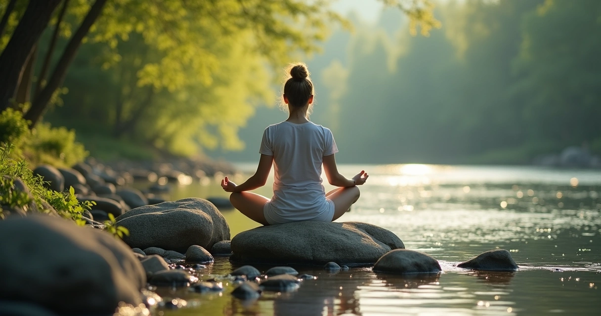 Persona en postura de meditación en equilibrio sobre piedras 