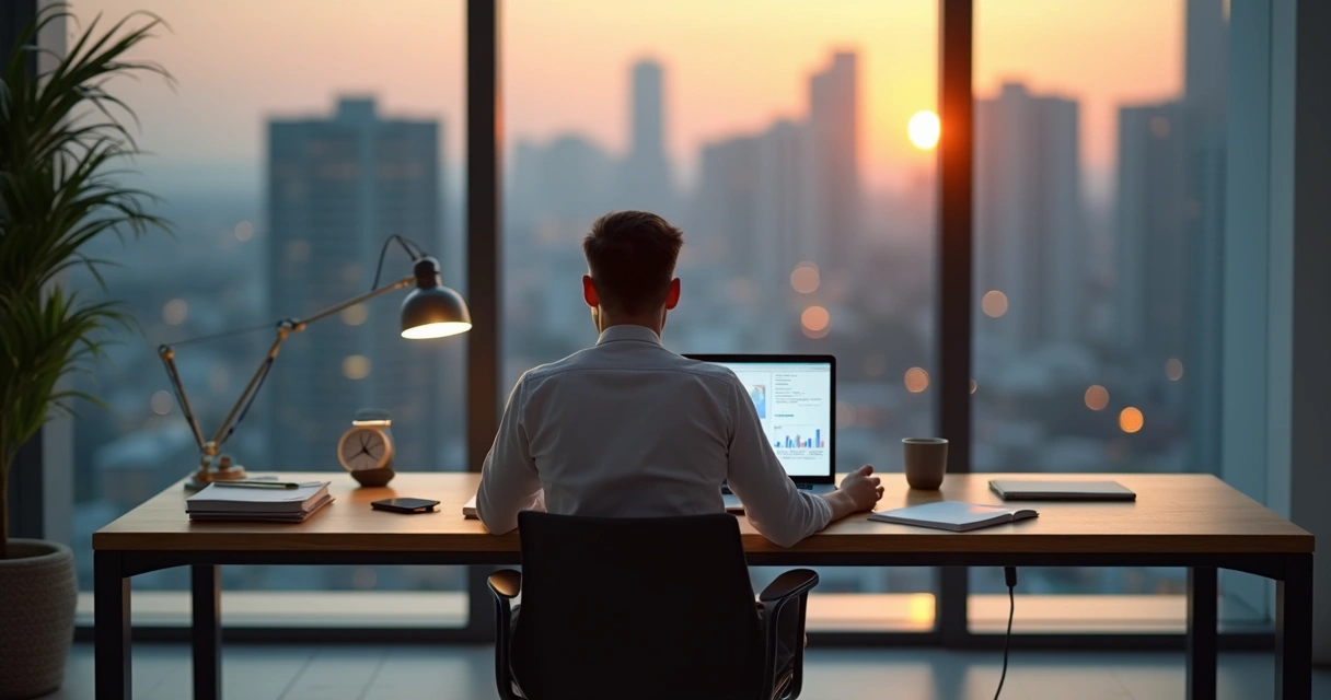 Profissional sentado em equilíbrio em frente ao notebook em ambiente corporativo moderno 