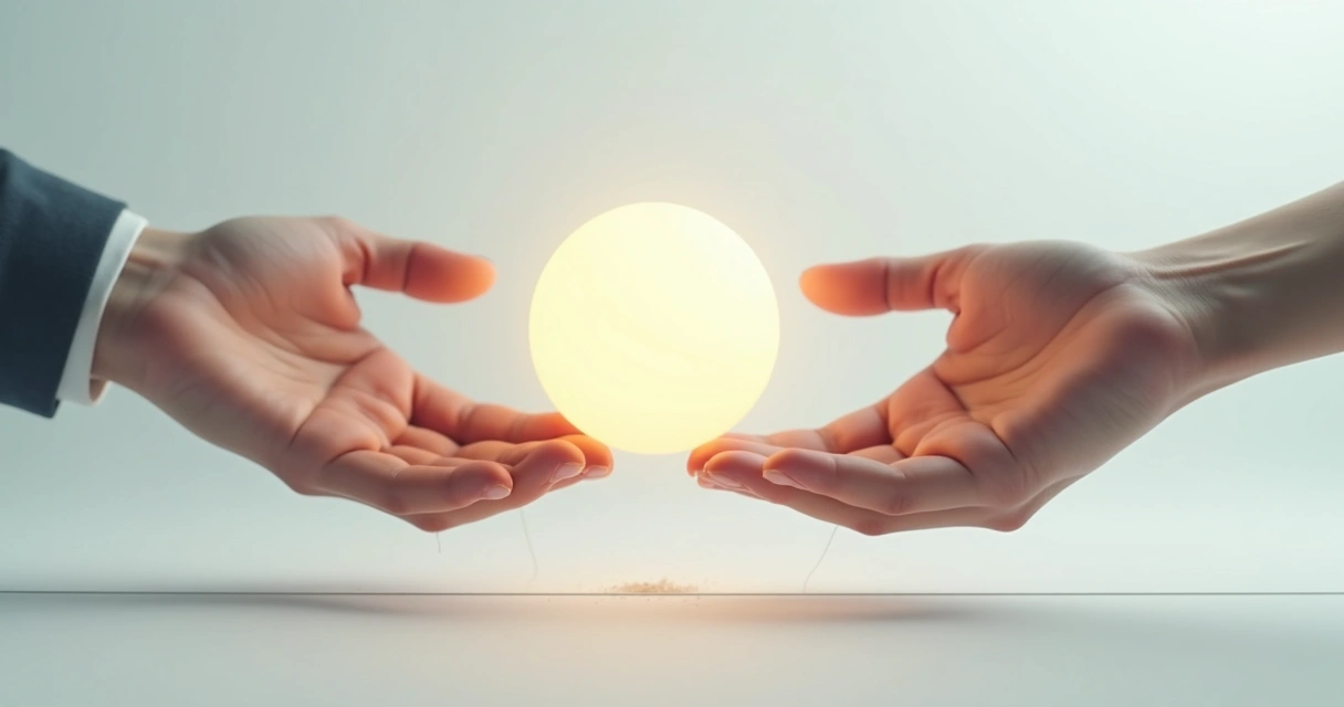 Mãos equilibrando uma esfera brilhante sobre uma linha fina, cenário minimalista claro 