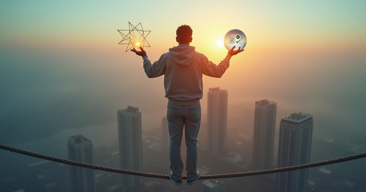 Persona en equilibrio sobre una cuerda sosteniendo símbolos de propósito y acción 