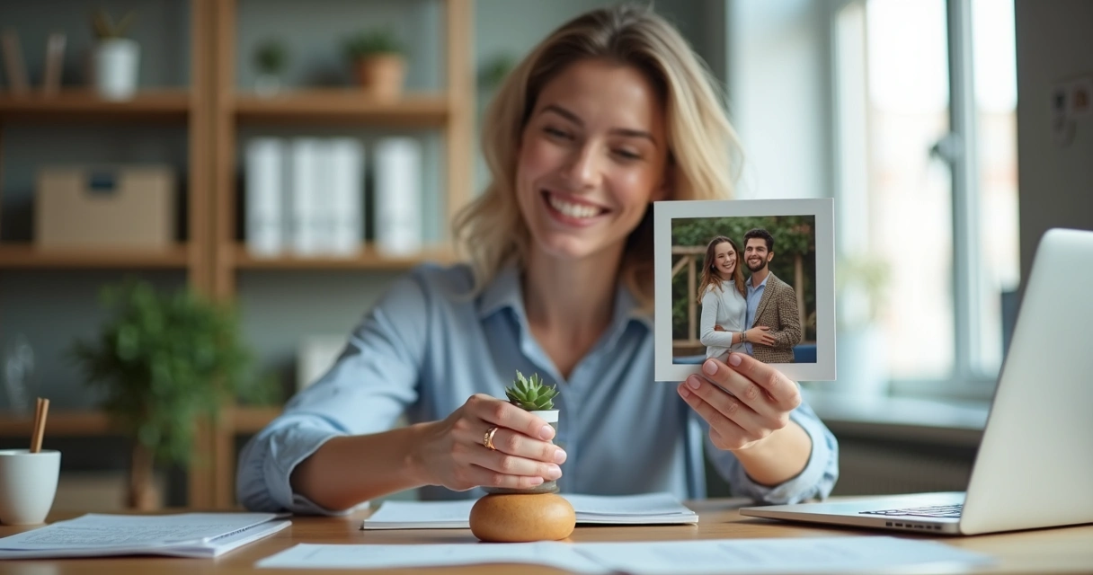 Profissional sorridente equilibrando objetos relacionados à vida pessoal e trabalho em uma mesa.