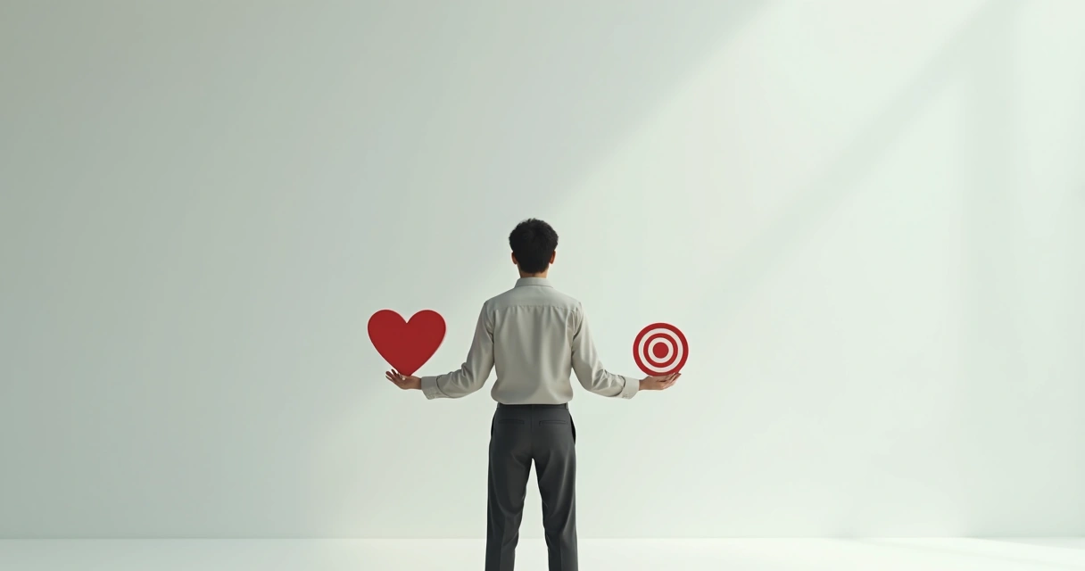 Pessoa em pé com uma mão segurando uma peça com símbolo de coração e outra mão segurando peça com símbolo de metas