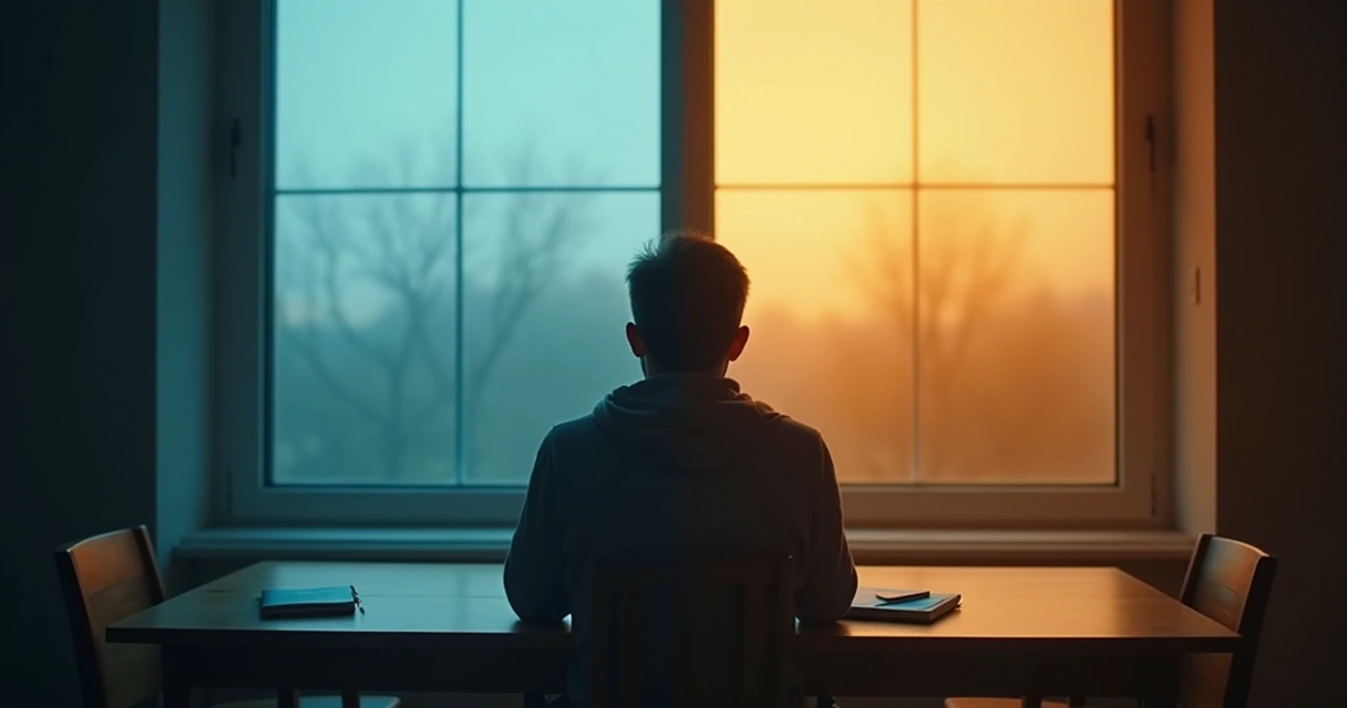 Pessoa refletindo com elementos visuais de mente e emoção 