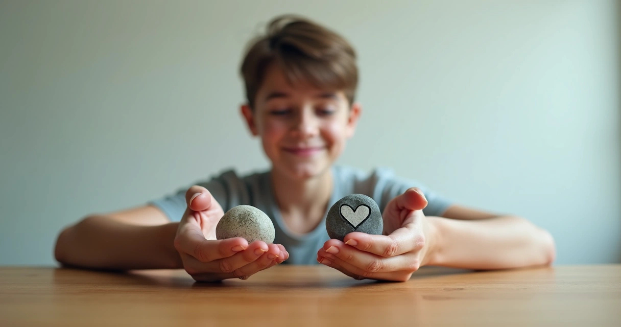 Pessoa de perfil equilibrando pedras que representam razão e emoção sobre uma mesa 