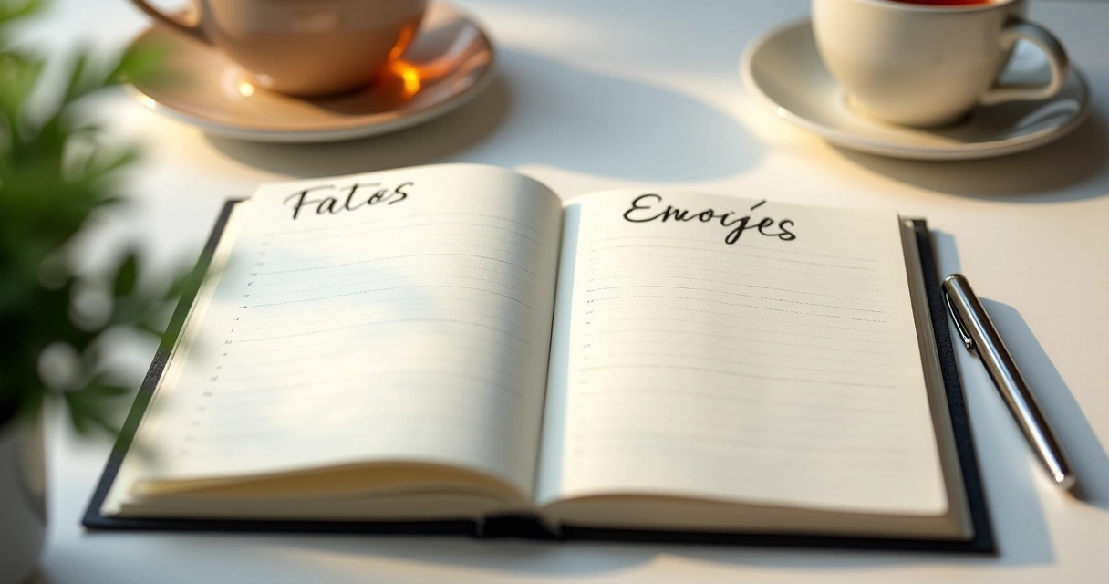 Caderno com lista de fatos e emoções ao lado de uma xícara