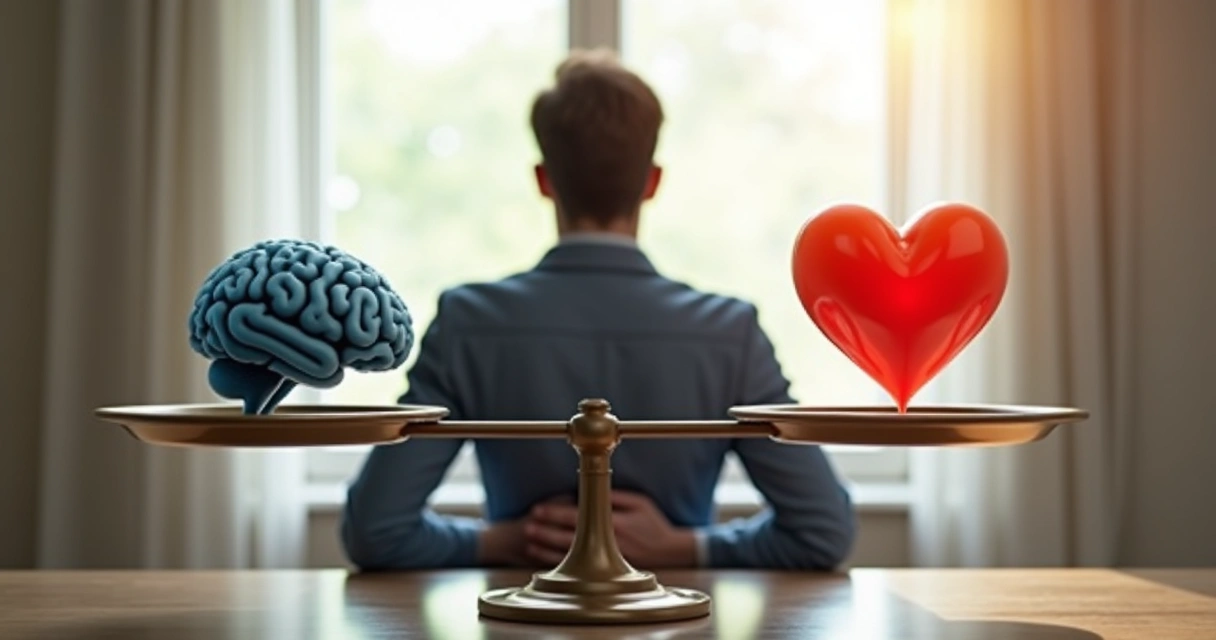 Pessoa diante de balança com cérebro e coração buscando equilíbrio interior 
