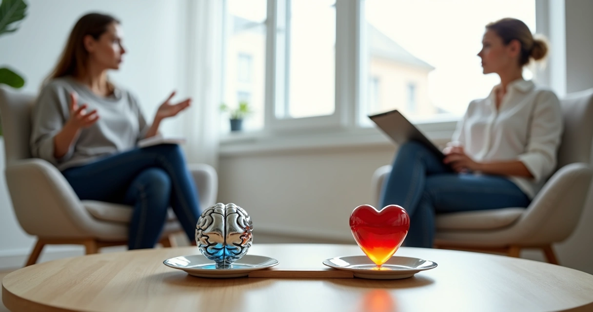 Pessoa em sessão de coaching equilibrando razão e emoção com cérebro e coração na balança 