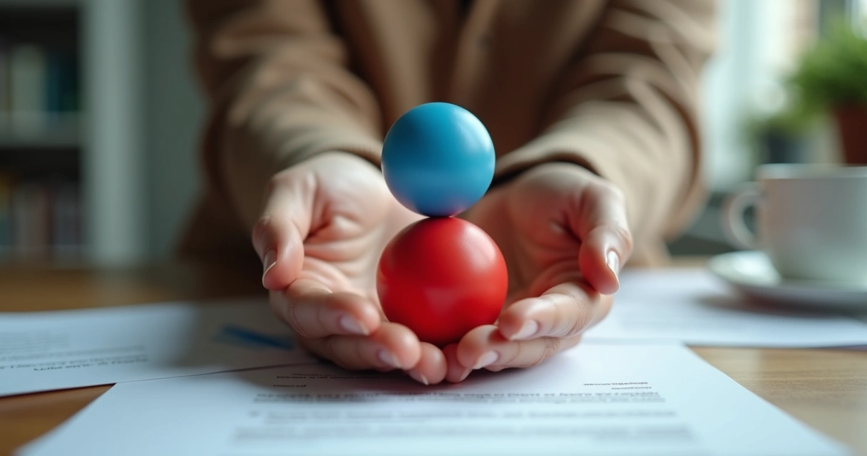 Duas mãos equilibrando uma bola azul e uma bola vermelha, uma representando razão e outra emoção 