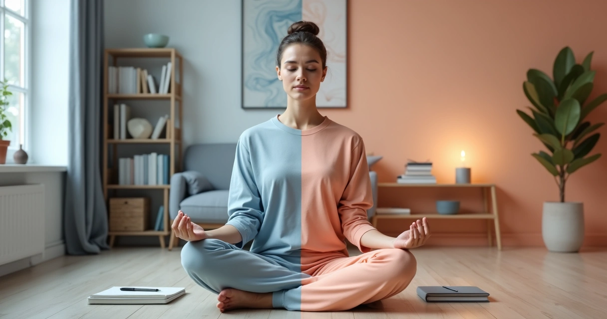 Pessoa sentada em meditação com metade do corpo representando razão e metade emoção 