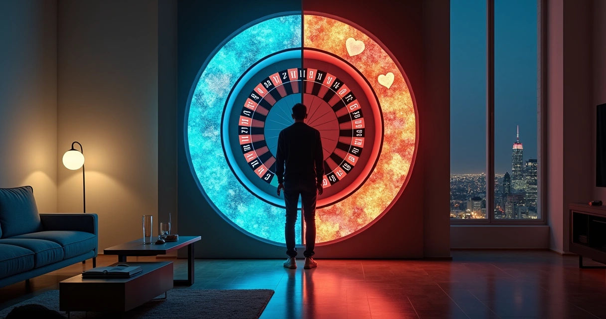 Pessoa em frente a roleta luminosa dividida entre razão e emoção 