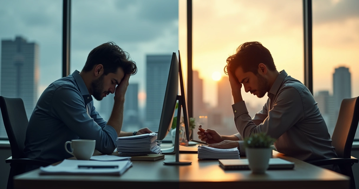 Profissional sentado em escritório metade estressado metade em equilíbrio interior 