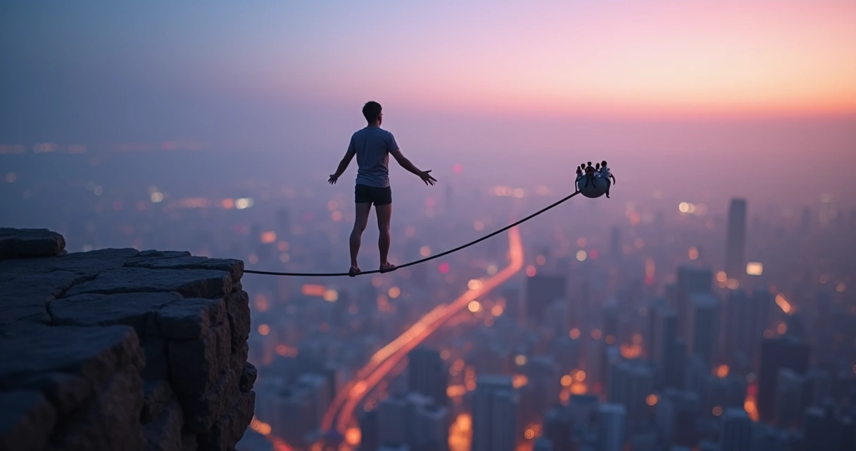 Persona en equilibrio sobre una cuerda floja, con una ciudad al fondo 