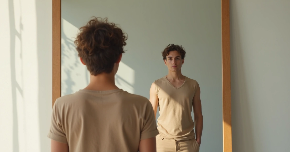 Persona frente al espejo con una mitad luminosa y otra oscura simbolizando responsabilidad y culpa 