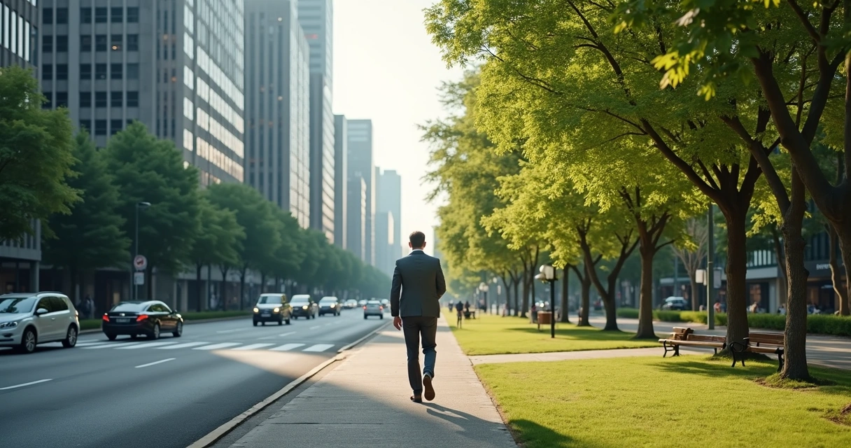 Persona caminando entre ciudad y espacio de calma 