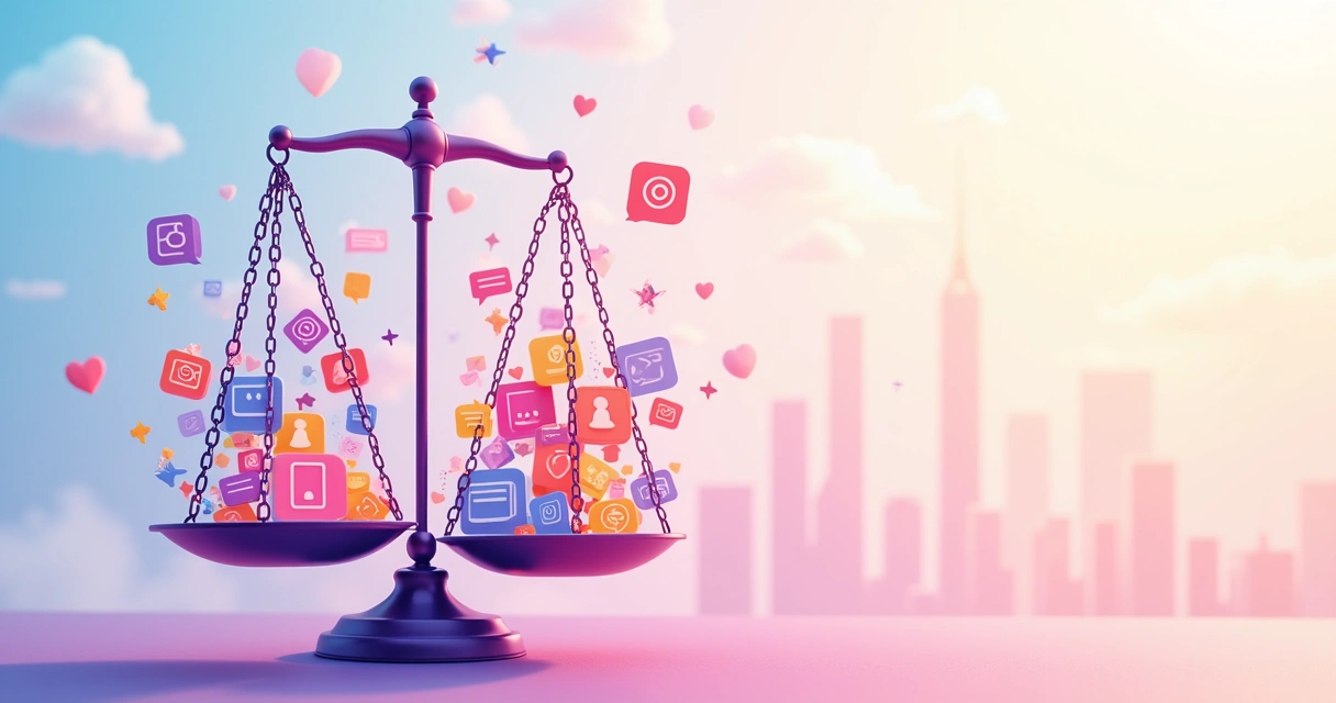 Representação de uma balança equilibrando ícones coloridos de seguidores e ícones de interação, representando engajamento no Instagram.