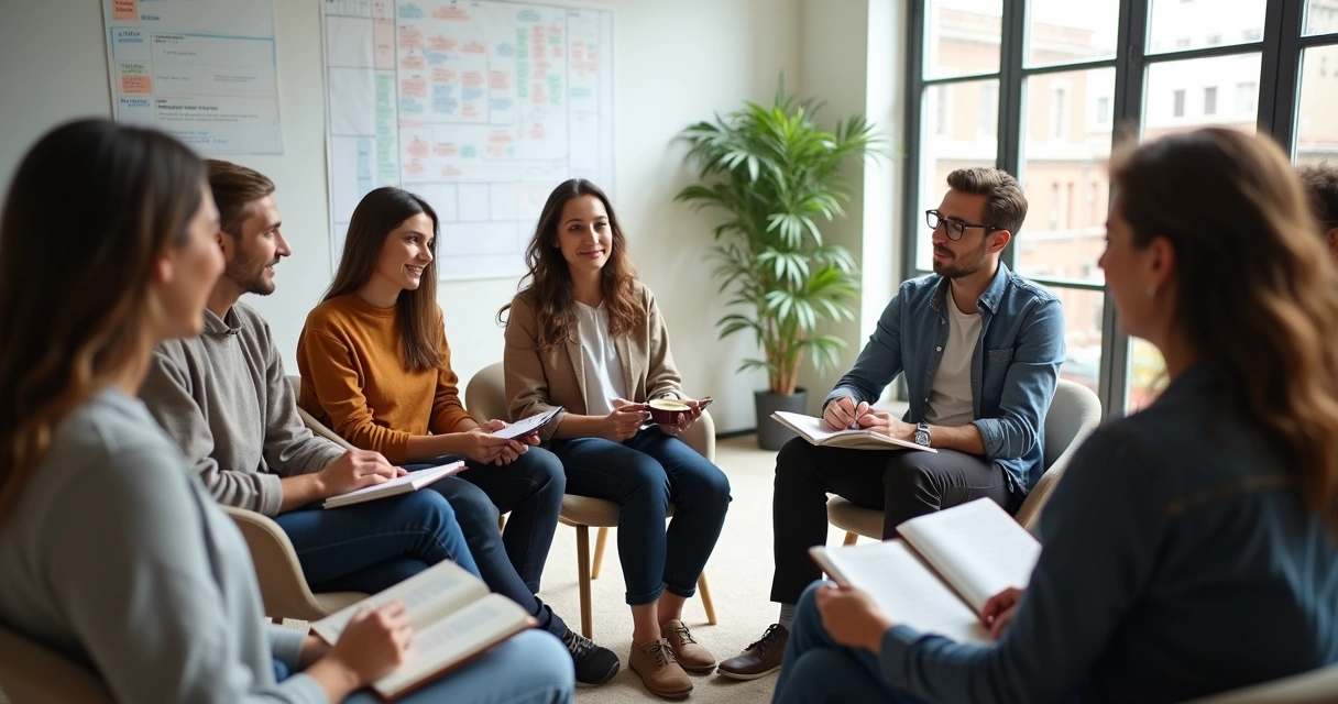 Grupo diversificado de pessoas sentadas em círculo, discutindo e sorrindo, simbolizando equilíbrio social 