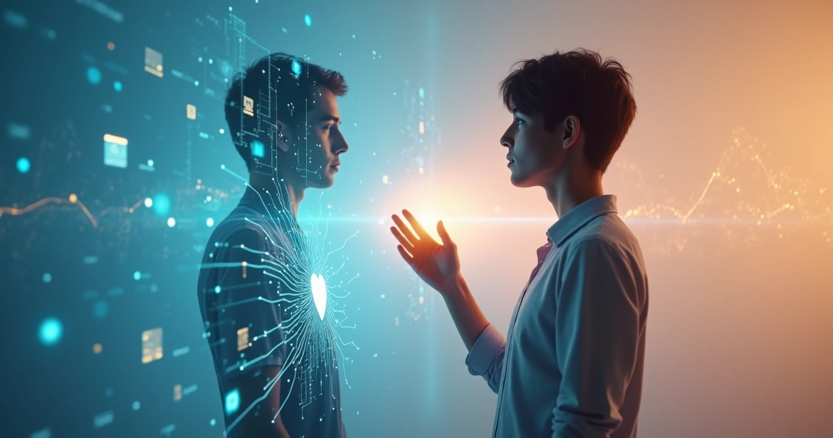 Pessoa tocando tela holográfica de tecnologia ao lado de silhueta com coração luminoso 