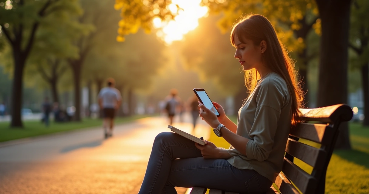 Pessoa sentada em parque ao pôr do sol equilibrando celular e caderno 
