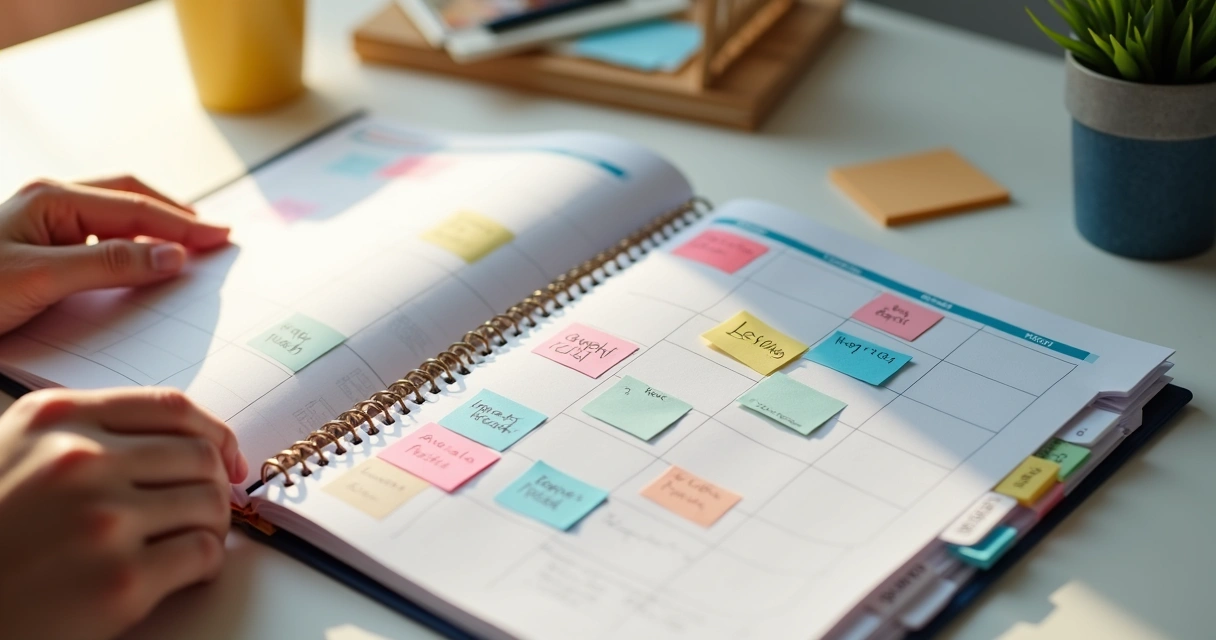 Agenda aberta mostra blocos de tempo coloridos para vida pessoal e profissional 