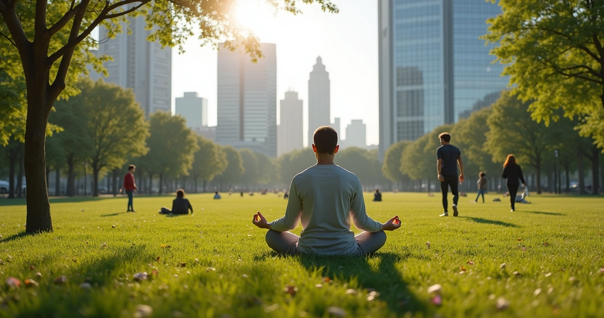 Persona meditando en el parque mientras al fondo se ven edificios de oficinas 