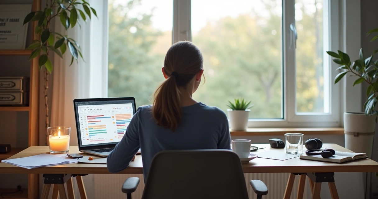 Profissional sentado na mesa de trabalho equilibrando tarefas e momentos de pausa 