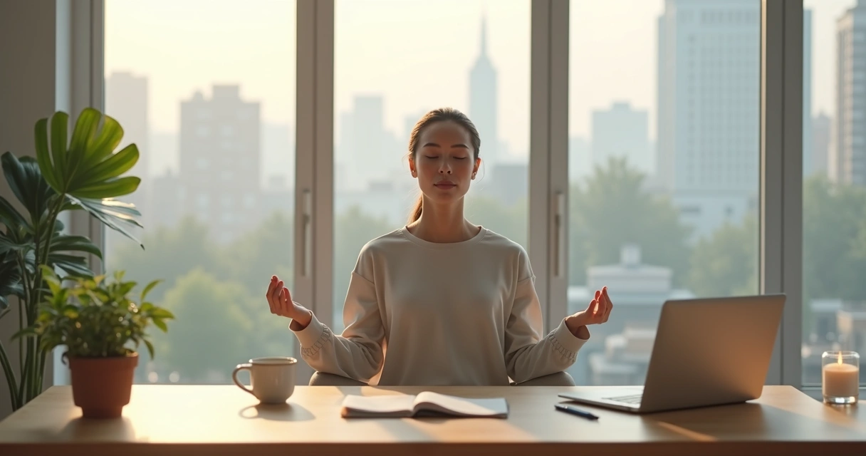Profissional em escritório moderno meditando diante do computador 