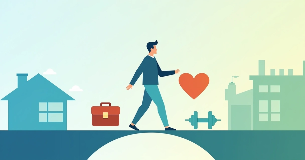 Pessoa equilibrando símbolos de trabalho, família e saúde em balança imaginária 