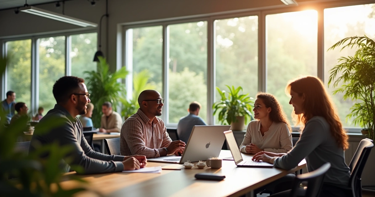 Ambiente de trabalho com pessoas sorrindo, plantas e janelas amplas 