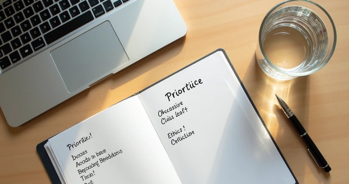 Mesa de trabalho com agenda, computador e bloco com prioridades e limites 