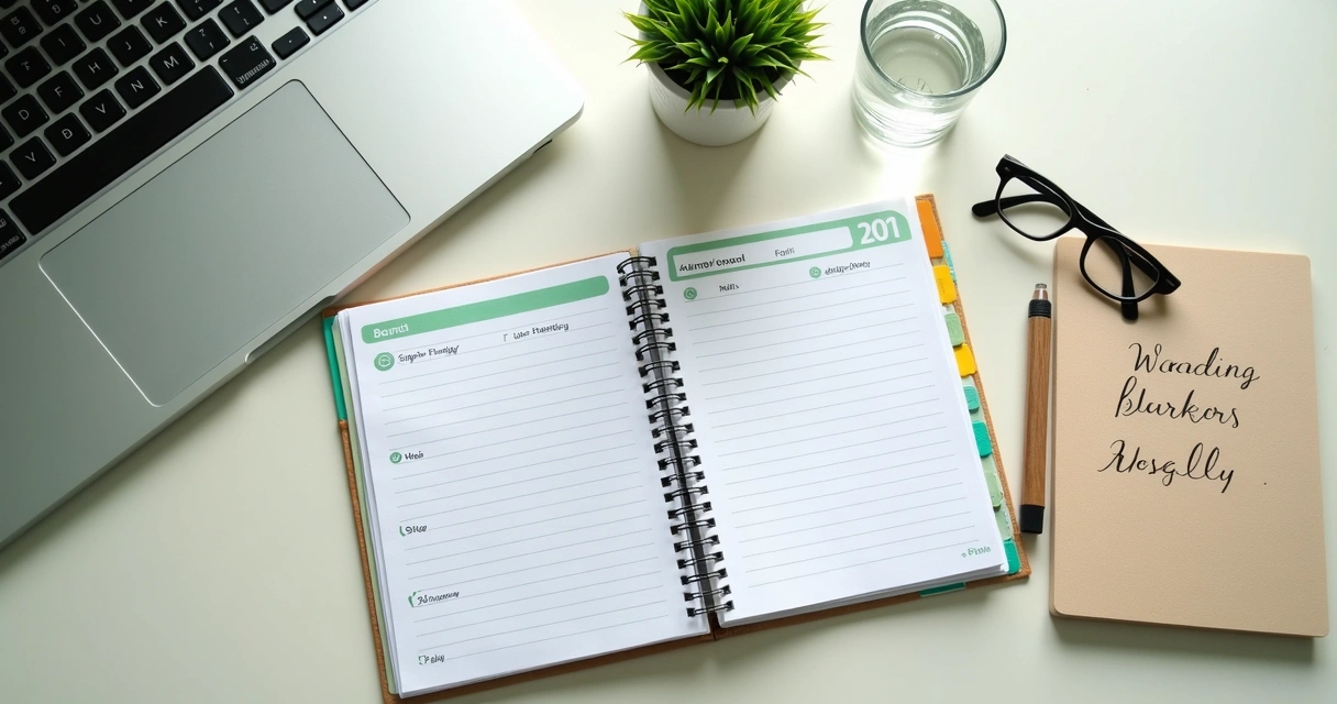 Agenda, laptop e elementos de bem-estar sobre mesa clara 