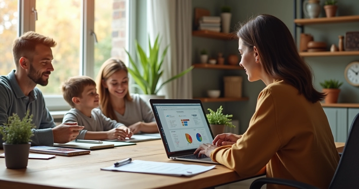Pessoa equilibrando trabalho e vida pessoal com laptop e família ao redor 