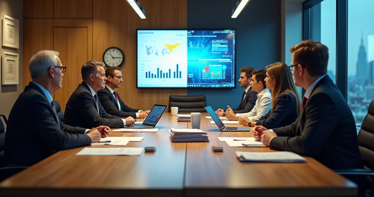 Executivos em reunião divididos entre tradição e inovação em sala de escritório moderna 