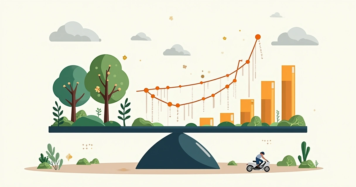 Ilustração corporativa mostrando o equilíbrio entre tráfego orgânico e tráfego pago com ícones de redes sociais e gráficos de crescimento 