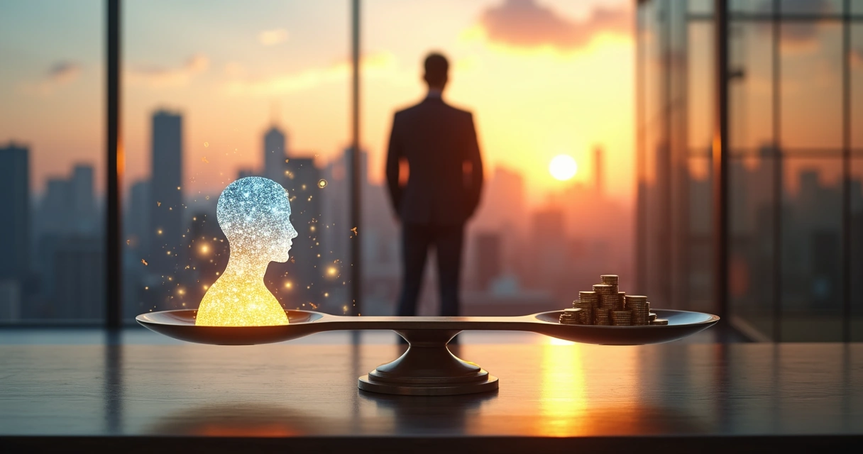 Executivo em pé diante de balança que equilibra silhueta humana e símbolo de dinheiro 