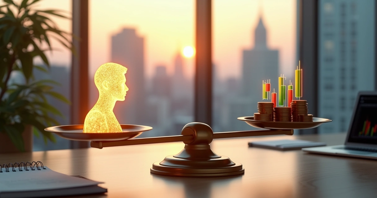 Balança com pessoa de um lado e símbolos financeiros do outro em escritório moderno 