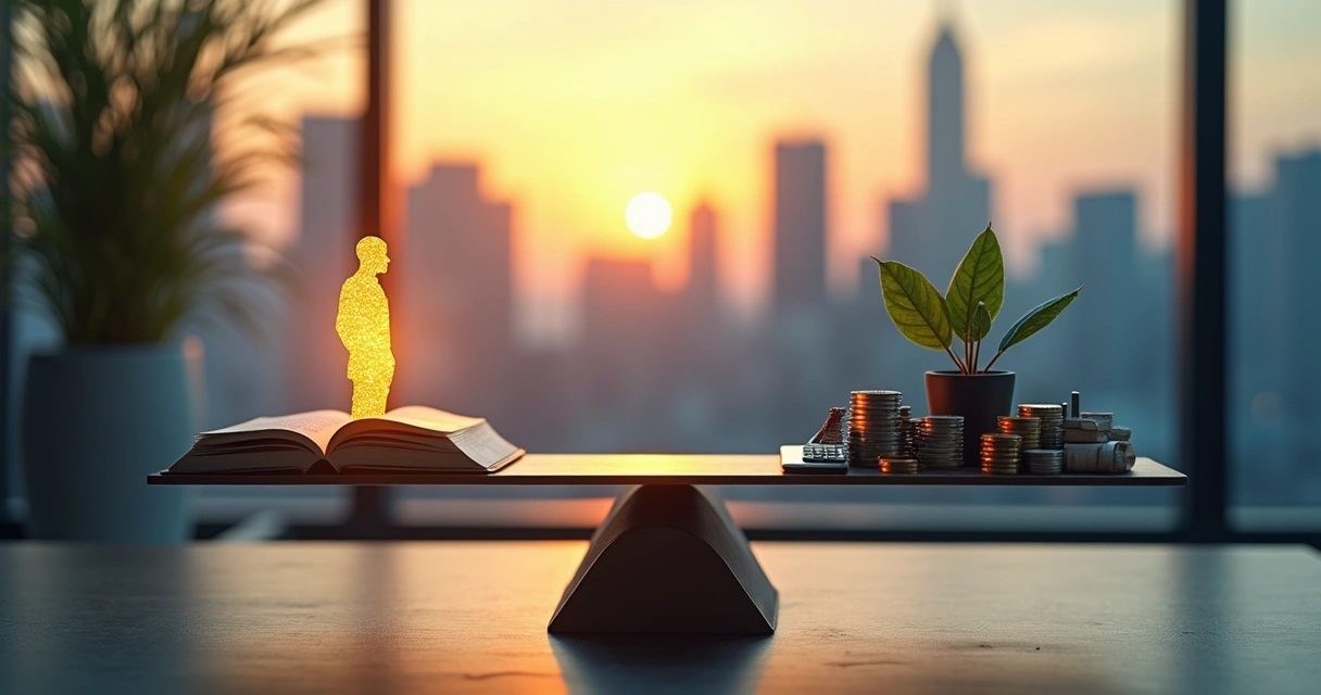 Persona en balanza comparando valor humano y dinero 