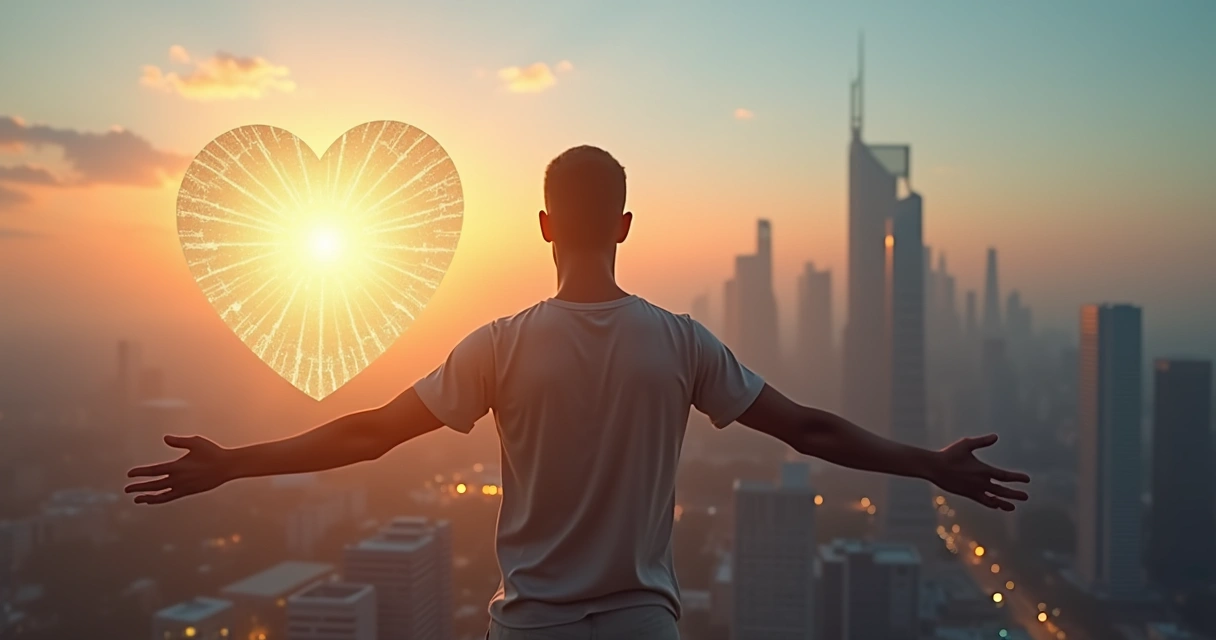 Persona de pie uniendo un corazón y una ciudad con luz en el centro 