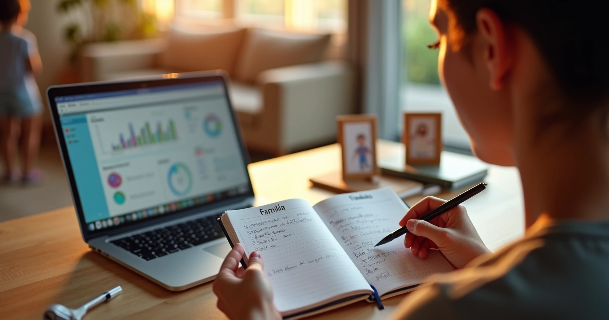 Líder sentado à mesa integrando valores da família e do trabalho com caderno aberto 