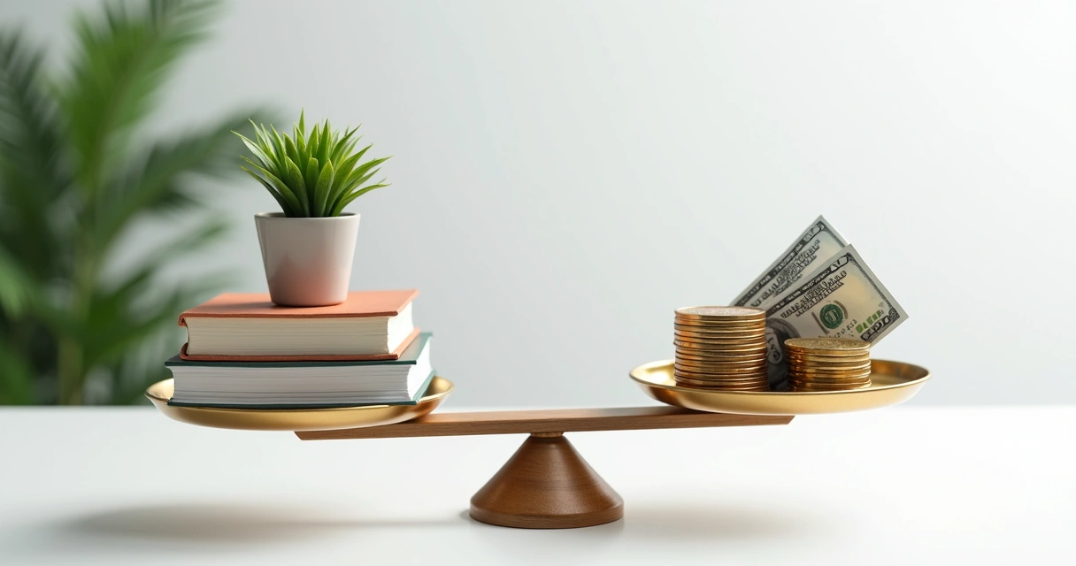 Balança equilibrada com livros de um lado e moedas do outro, sob fundo claro