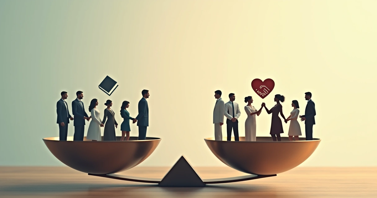 Escala de valores con personas y objetos balanceados 