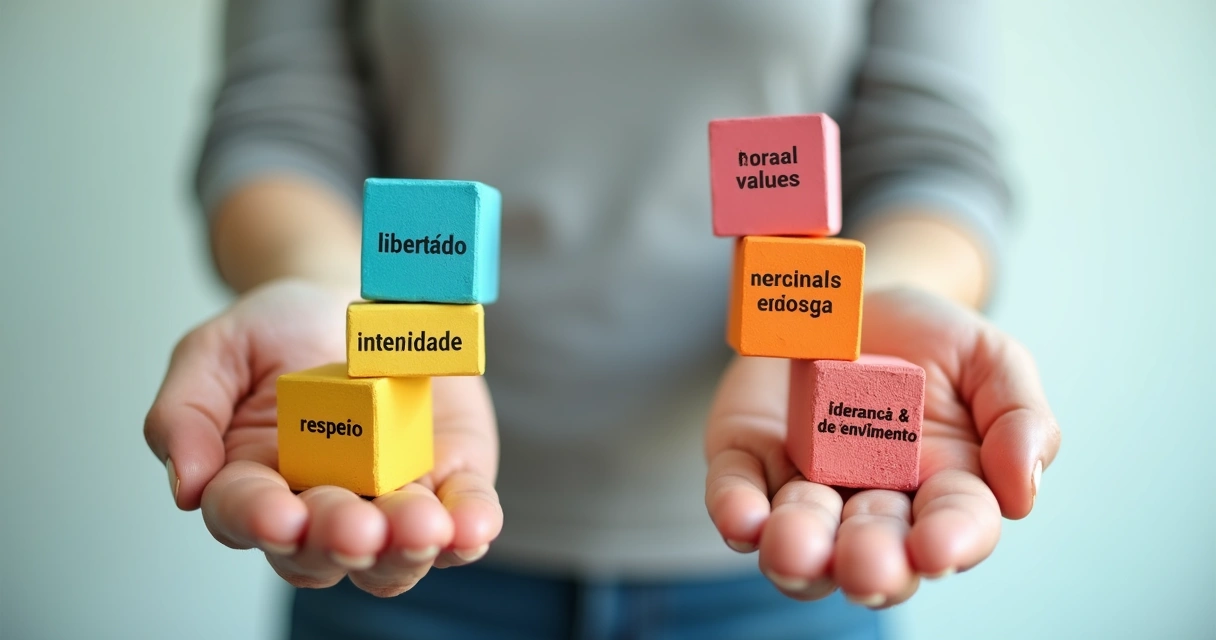 Pessoa em pé equilibra peças representando valores e metas 