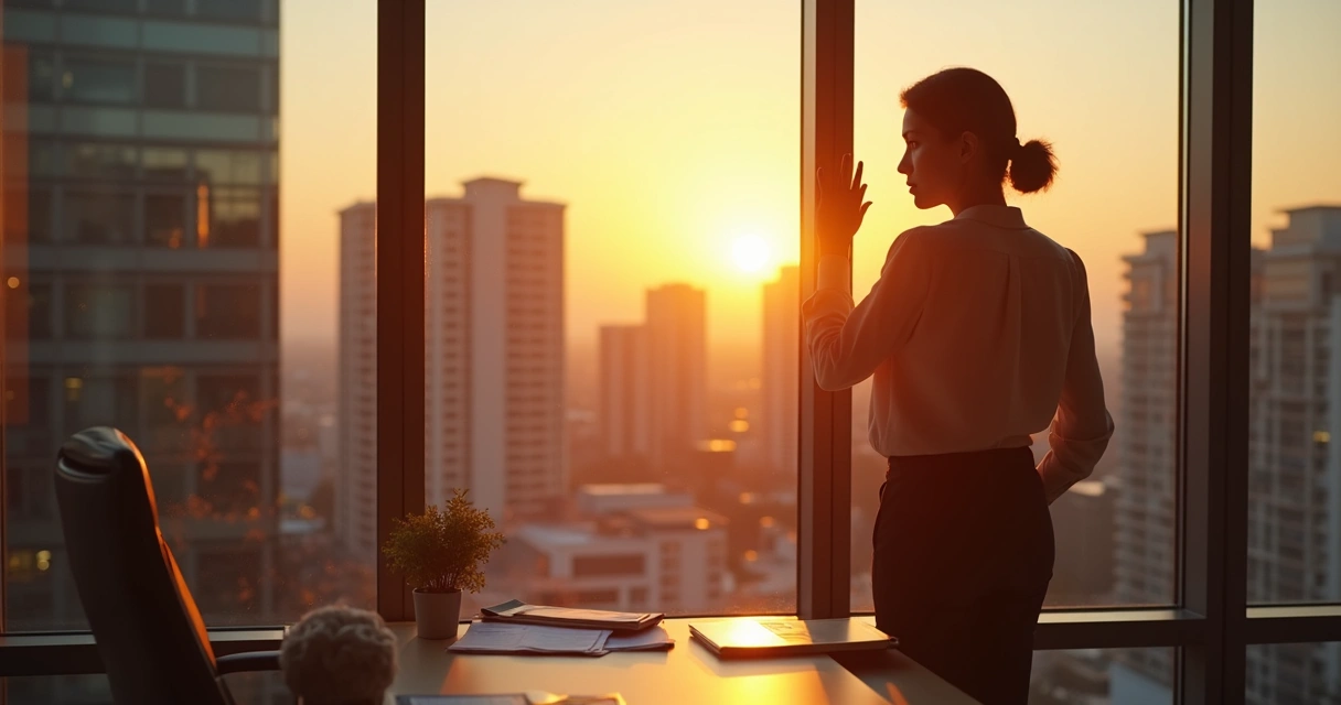Profissional refletindo na janela, escritório iluminado ao entardecer