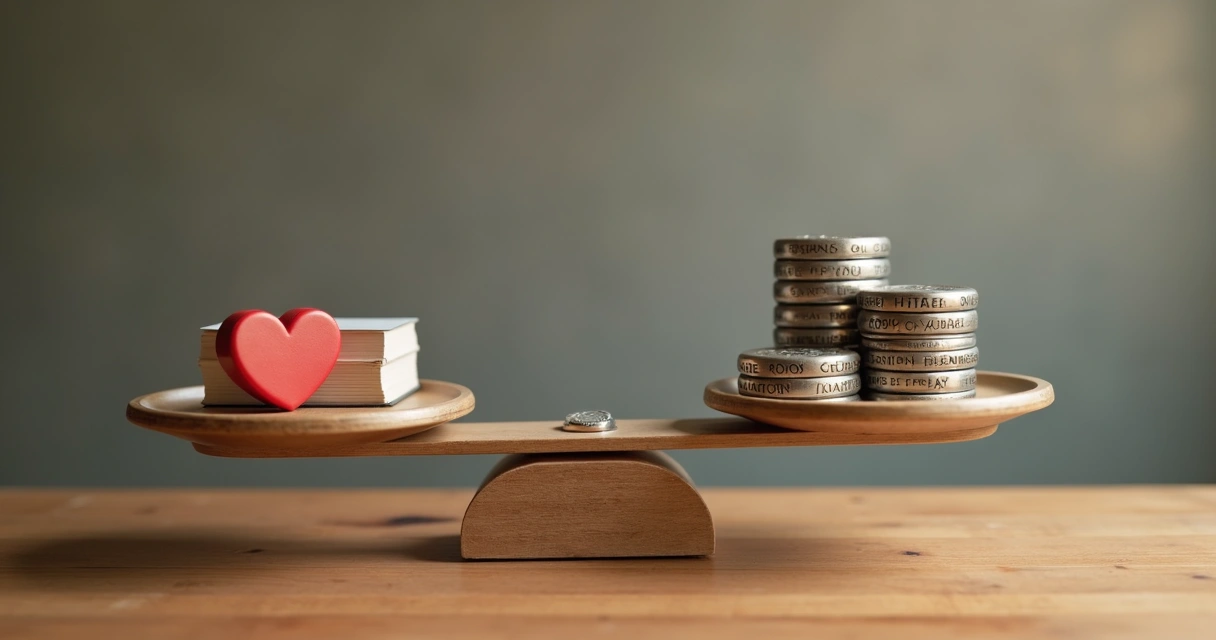 Balança equilibrada, de um lado símbolos de valores, do outro pesos representando resultados 